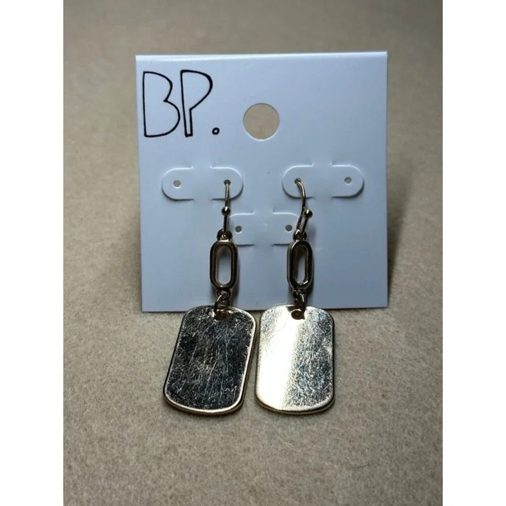 BP. Gold Tone Dog Tag Pendant Dangle Earrings Oval Link Chain NWT New Boho Gift